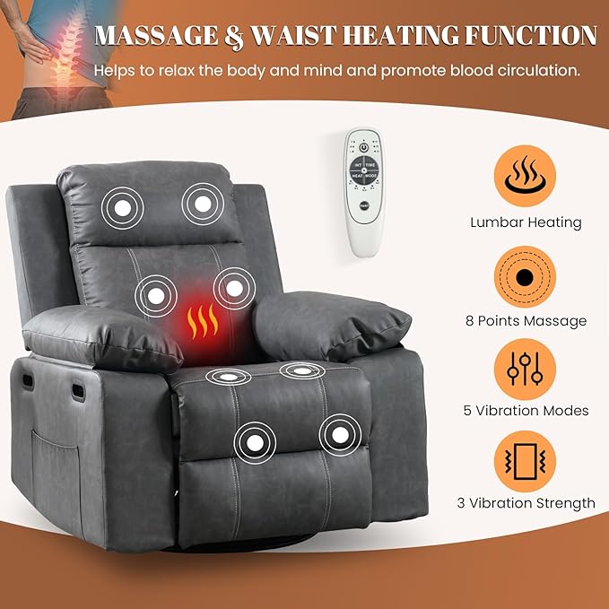 Massage Recliner Chair for Adults360 Degree Manual Swivel Rocker Recliner with Heat and VibrationPU Leather Glider Rocking Reclining Chair for Home Theater SeatingLoungeNurseryLiving Room(Grey)
