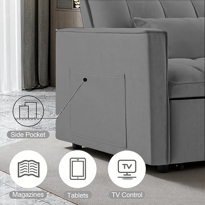 3 in 1 Pull Out Sofa Bed 52.75 Sleeper Sofa Bed with 3-Level Adjustable Backrest Velvet Fabric Loveseat Sleeper Couch for Living Room &amp Bedroom &amp Apartment &amp Dorm Furniture Dark Grey
