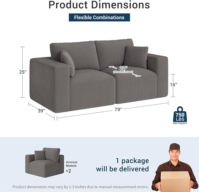 Modular Loveseat Couch Cloud Couches for Living Room - 79 Boneless Sofa - No Assembly Required Cozy Corduroy Convertible Full Sponge Compression Sofas for House Apartment(Grey)