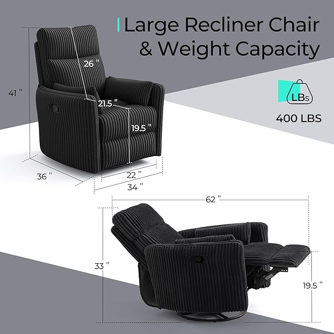 LINSY 360 Swivel Recliner Chair Nursery Glider Rocking Chair with 2 Pillows Corduroy Nursing Chair Comfy High Back Adult Rocker Recliner for Small Spaces Nursery Bedroom Living Room (Black)