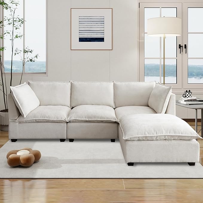 Oversized Modern Sectional Sofa Extra-Deep L-Shape Linen Fabric Cloud Couch Sectional with 5 Pillows Convertible Ottoman Freely Combinable Sofa for Living Rooms Apartments Offices (Beige 4 Seat)