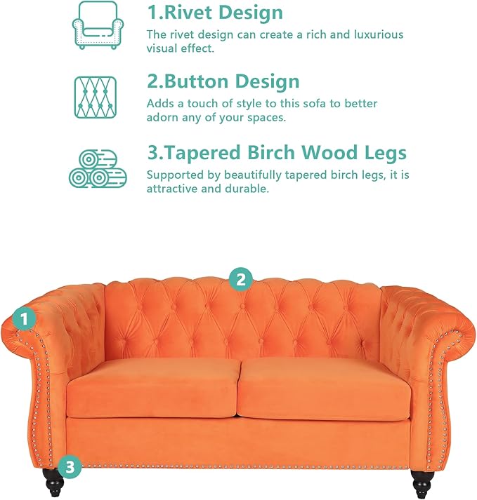 Velvet Loveseat Chesterfield Love Seat Couch 2 Seater Accent Sofa with Rolled Arms Mid-Century Modern Love Seats Tufting Nailhead Trim for Living Room Bedroom Home Theater (Velvet Orang)