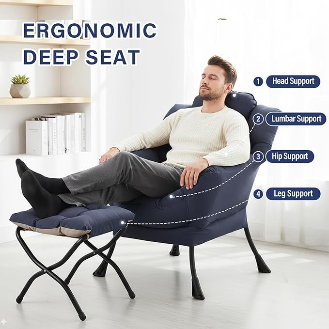 Lazy Chair with Ottoman Modern Lounge Chair with Lumbar Pillow Accent Cozy Reading Armchair and Folding Footstool for Bedroom Dorm Living RoomNavy