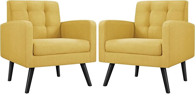 Yaheetech Mid-Century Accent Chairs Modern Upholstered Living Room Chair Cozy Armchair Button Tufted Back and Wood Legs for Bedroom/Office/Cafe Set of 2 Yellow