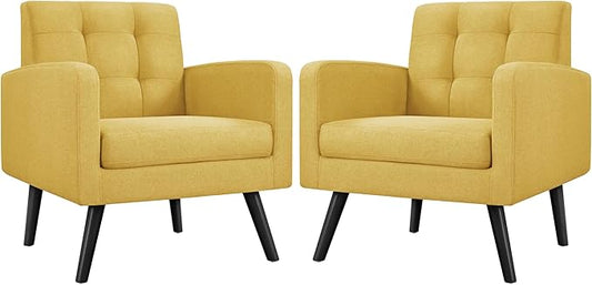 Yaheetech Mid-Century Accent Chairs Modern Upholstered Living Room Chair Cozy Armchair Button Tufted Back and Wood Legs for Bedroom/Office/Cafe Set of 2 Yellow