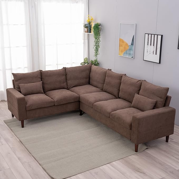 Panana 6 Seats Linen Fabric Large SECTIONAL Corner Sofa Settee - Sofa for Living Room-Left/Right-Hand Side Sofas Brown
