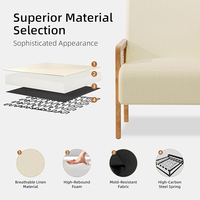 Rattan Accent Chair with Rattan Arms Mid Century Modern Chair for Living Room Linen Upholstered Comfy Chair for Bedroom Reading Room Home Office Beige