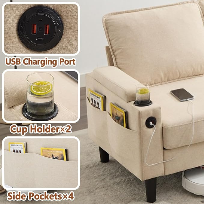 78 3 Seater Couch with Storage Ottoman/Cup Holders/USB Gray Small Sectional Couches for Living Room Cloud l Shaped Sofa for Small Spaces Apartment (Beige)