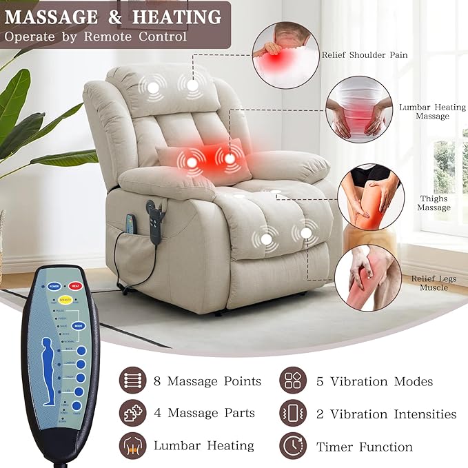 Infinite Position Lay Flat Lift Recliner Chair for Adults Dual Motor Power Lift Chair for Elderly with Massage &amp Heating USB Ports Remote Control &amp Lumbar Pillow Linen Fabric (Ivory)