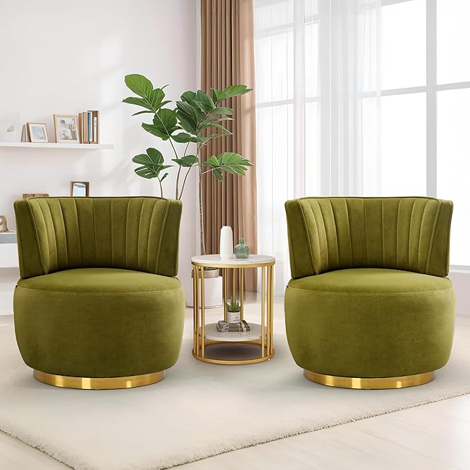 SLEERWAY 360° Swivel Barrel Chair Modern Velvet Round Accent Chair Comfy Upholstered Small Armchair with Gold Metal Base for Living Room Bedroom Nursery Office Sillas para Sala Olive Green
