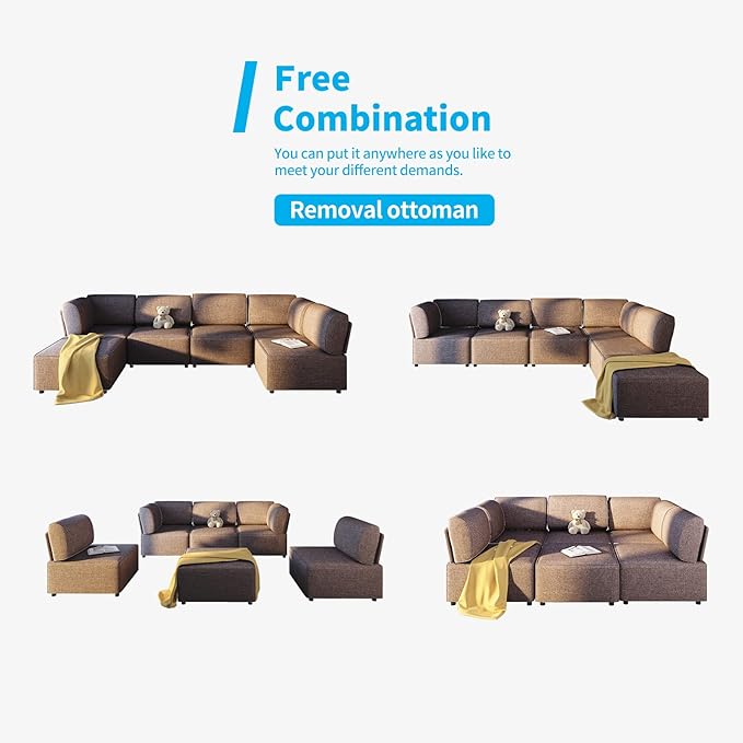 Mjkone 120 Inch U Shaped Sectional Couches for Living Room Convertible L Shaped Sectional Sofa with Ottoman Oversized Sleeper Sofa Linen Fabric Deep Modular Sectional Sofa 6PCS Dark Brown