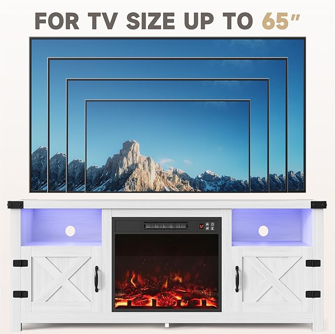 Furmax LED Entertainment Center with Fireplace Fireplace TV Stand with Storage Cabinets and 2 Open Shelves Modern Media TV Console for Living Room (White)