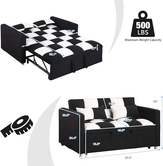 Loveseat Sleeper Sofa Bed Pull Out Couch with Adjustable Backrest and Soft Teddy Fabric Deal for Living Room and Small Spaces Black and White