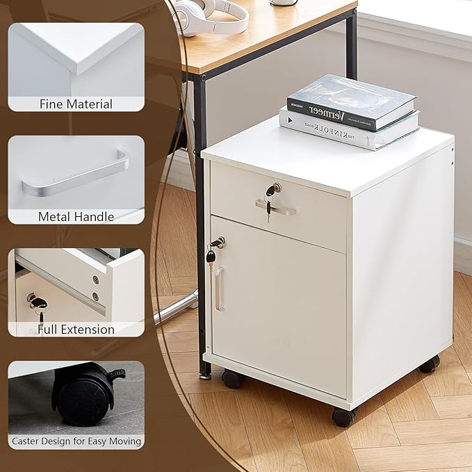 TUKAILAi Mobile File Cabinet with Lockable Drawer &amp Door Under Desk Rolling Filing Cabinet with 4 Wheels Wooden Stationery Storage Cabinet for Home Office (White)