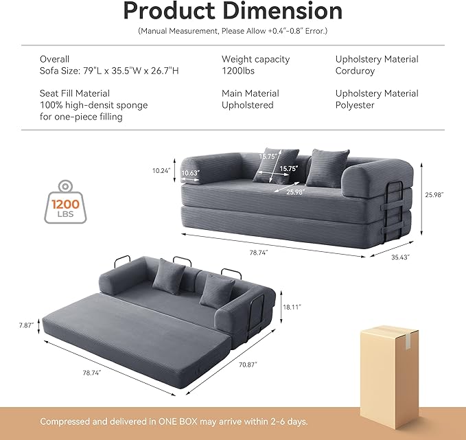 Sofa Bed Corduroy Sleeper Sofa Bed with Fixed Frame Floor Sofa Lounge with Pillow Convertible Folding Mattress Couch for Living Room Bedroom Lounge Studio (Dark Grey)