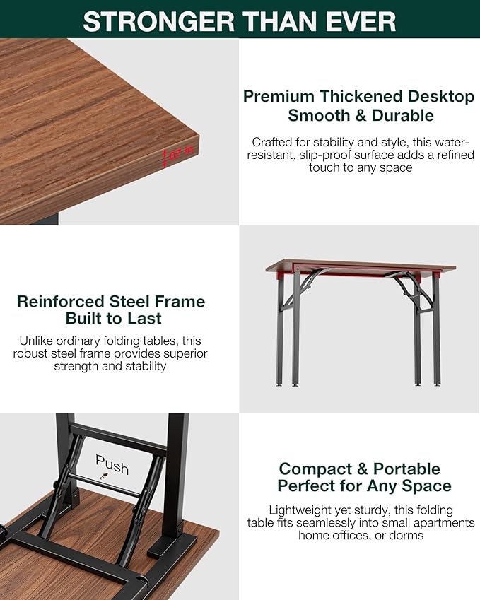 Frylr Small Folding Computer Desk – 43.3 Inch Portable Table for Craft and Study Lightweight Desk for Small Spaces Foldable Laptop Table Built-in AC/USB Outlets for Convenience Dark Walnut
