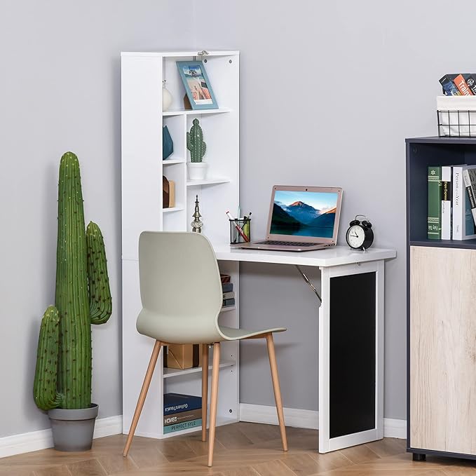 Foldable Wall Mounted Desk with Storage Shelves Fold Out Convertible Computer Table with Blackboard Folding Writing Table Workstation for Small SpacesHome Office (White)