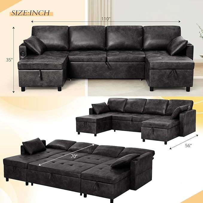 110 Suede Leather Pull Out Sofa Bed w/Adjustable Backrest Sectional Sleeper Couch w/Storage Chaises and Armrest Pillows U-Shape Sofa Bed w/USB Port for Living Room House Black