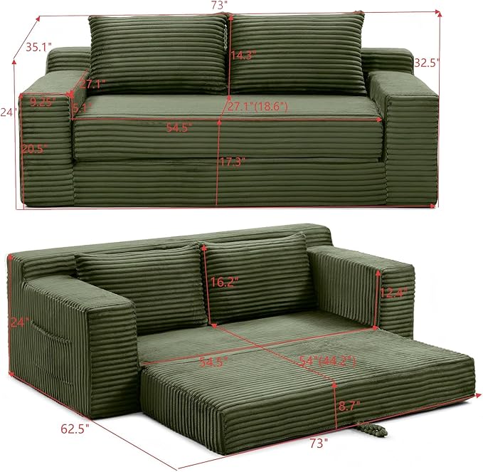 73 Memory Foam Cloud Loveseat Sofa 2 in 1 Convertible Folding Couch Bed Compressed Corduroy Floor Lounge Sofa No Assembly for Apartment Office Bedroom Living Room (Green)