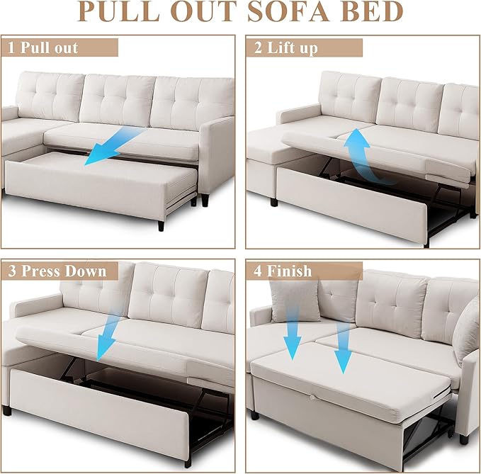 Sleeper Sofa Couch Oversized Pull Out Couch Bed with Storage Chaise Sectional Sleeper Sofa Bed for Living Room (Beige Single)