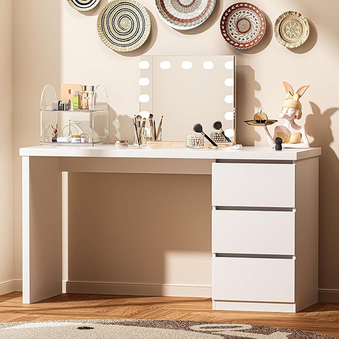 furtble White Desk with Drawers 63'' W Home Office Computer Desk Gaming Table Modern Vanity Desk with Storage Wood Writing Workstation for Bedroom Living Room White