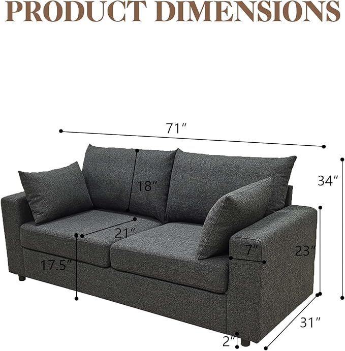 71 Loveseat Sofa Upholstered Love Seat with Deep Cushions &amp Removable Pillows Modern Polyester Couch for Bedroom Living Room &amp Office (Dark Gray)