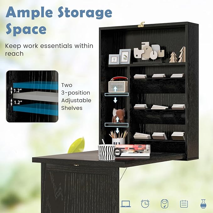 Tangkula Foldable Wall Mounted Desk Floating Desk with Storage Shelves &amp Hooks Space-Saving Fold-Up Murphy Table for Small Spaces Home Office Dorm Room