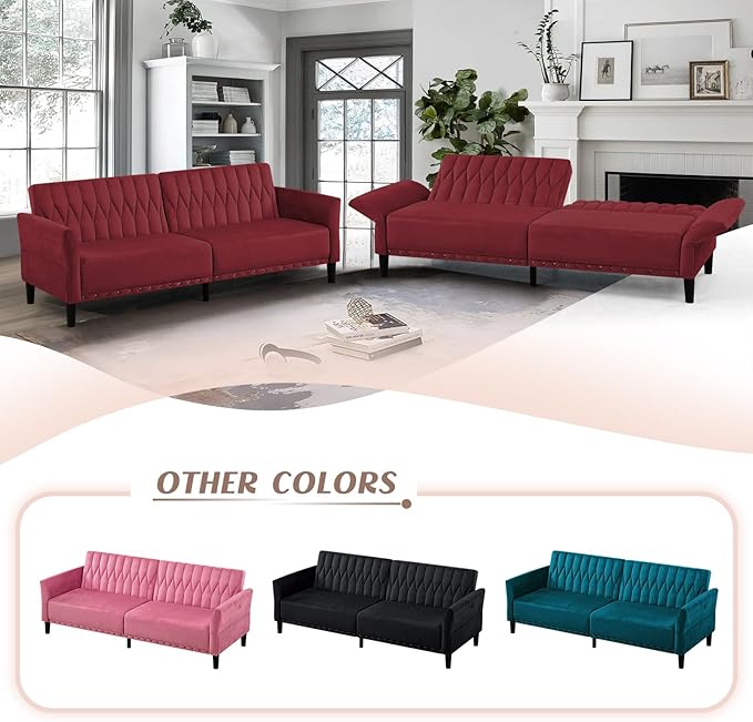 77” Velvet Sofa Bed with Adjustable Armrests and BackrestsTufted Convertible Futon Couch with Nailhead Trim Loveseat Modern Velvet Sleeper Sofa for Living RoomBedroomOffice Red