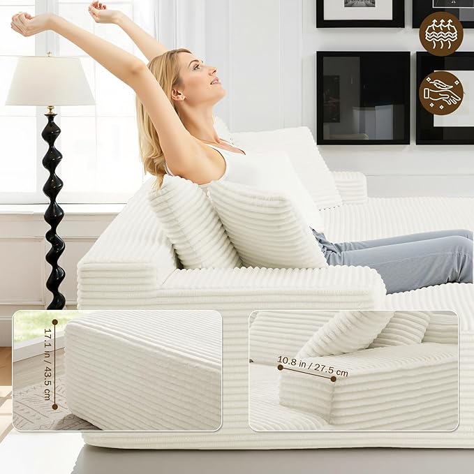 89.3” Oversized Double Chaise Lounge Indoor Beige Corduroy Chaise Lounge Chair Upholstered Sleeper Sofa Bed Deep Seat Sleeper Loveseat Reading Chairs Boneless Cloud Couch for Living Room Bedroom