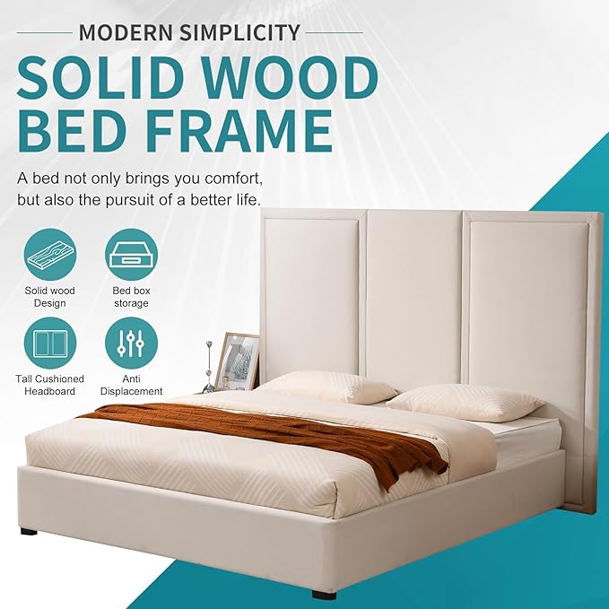YUHUASHI King Size Bed Frame with 64-inch High Headboard Simple and Airy Linen Upholstered Platform Bed with Storage Drawers Wood Slat No Noise (Beige King(Hydraulic Lift))