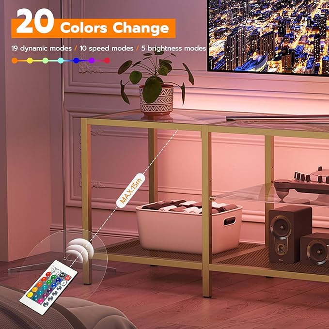 HOOBRO TV Stand with LED Lights and Power Outlets for TVs up to 75 Modern 63 Inch Tempered Glass TV Console Table with Open Shelves Media Entertainment Center for Living Room Gold GD165UDS01
