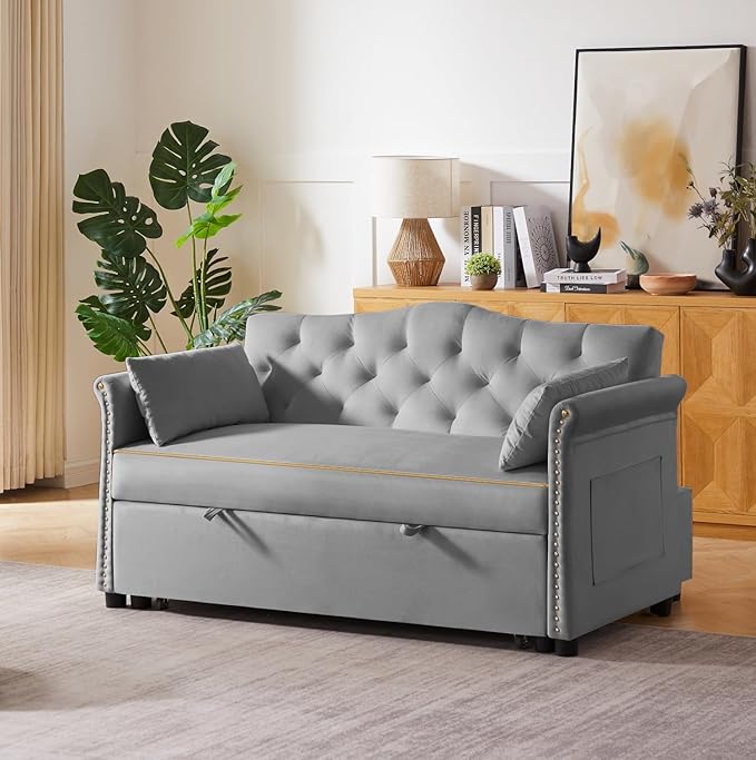 57-Inch Velvet Full Size Sleeper Sofa Couch with Pullout BedConvertible Pull Out with Golden Decorative Strip and Adjustable Backrest for Small SpacesApartment Guest Room RV (Grey)