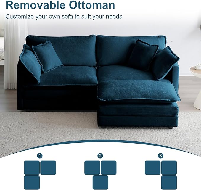 76.7 L-Shaped Modular Sectional Sofa 2 Seater Chenille Loveseat with Ottoman Blue Deep Seat Cloud Couch for Small Living Room Apartment Easy Assembly &amp Clean Flexible Combination