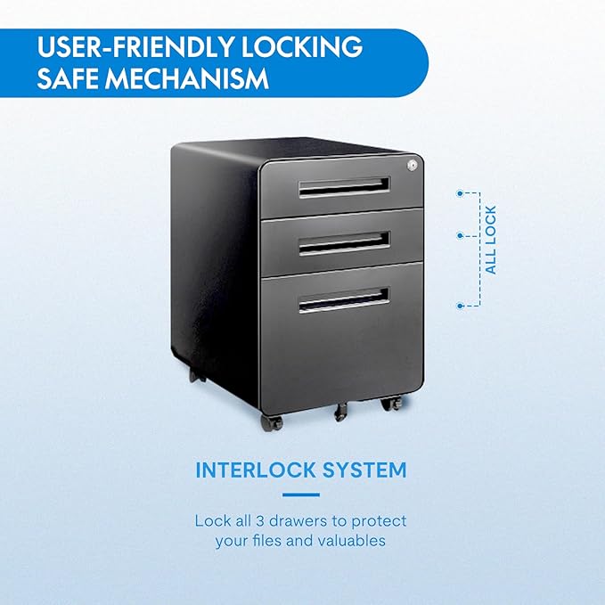FLEXISPOT Metal File Cabinet for Home Office Mobile File Cabinet with Lock 3 Drawer Filing Cabinets for Legal/Letter/A4 File Round Corner DesignBlack
