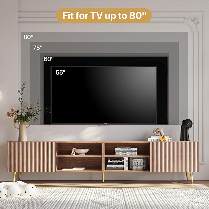 Modern 86in TV Stand for Living Room Fluted Design Entertainment Center with Adjustable ShelvesMedia TV Console Table with Storage for BedroomWalnut