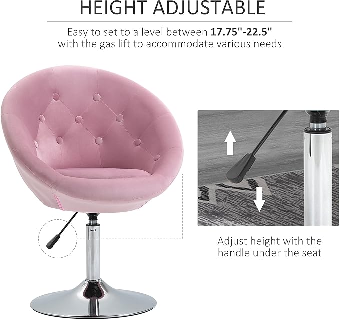 Modern Makeup Vanity Chair Round Tufted Swivel Accent Chair with Chrome e Height Adjustable for Living Room Bedroom Pink