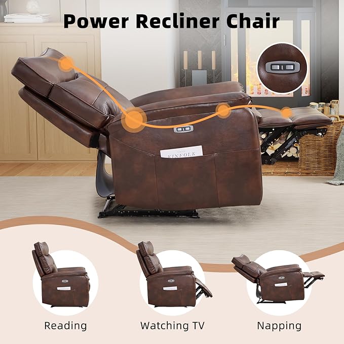 CANMOV Genuine Leather Recliner ChairPower Recliner Chair for AdultsElectric Single Reclining Sofa with Overstuffed Armrest and Backrest for Living RoomBrown