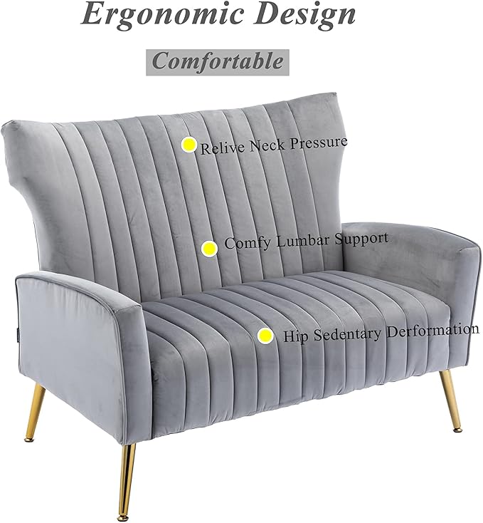 Artechworks Tufted Contemporary Velvet Wingback HighBack Loveseat Sofa Chair Upholstered Couch with Gold Metal Legs Two-Seat Sofa for Living Room Bedroom Apartment Small Space Dorm Grey