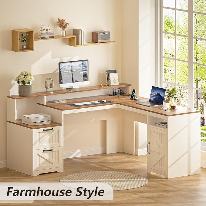 63 Farmhouse L Shaped Executive Desk with Drawers &amp Storage Shelf Corner Computer Desk with Power Outlets L Shaped Office Desk with Monitor Stand Printer Shelf Antique White