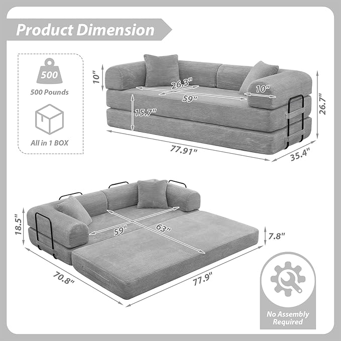 78 Convertible Sleeper Sofa Bed with Cylindrical Pillow Corduroy Folding Mattress Couch with Fixed Frame Floor Sofa Lounge Couch for Living Room Bedroom Apartment Light Grey