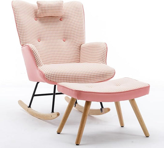 35.5 inch Rocking Chair Soft Houndstooth Fabric Leather Fabric Rocking Chair for Nursery Comfy Wingback Glider Rocker with Safe Solid Wood Base for Living Room Bedroom BalconyPink