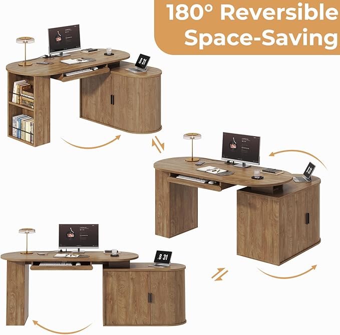 HSH L Shaped Computer Desk with Storage Cabinet Reversible Office L Desk with Keyboard Tray and Open Shelves Home Office Corner Executive Desk with Power Outlet Annual Ring Wood 60 Inch