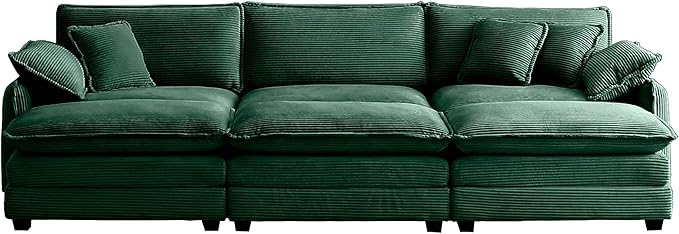 115.34 Modular Sectional Couch 3 Seat Extra Deep Corduroy Sofa with 2 Arm Pillows and 3 Throw Pillows Modern Upholstered Comfy Couches for Living Room Bedroom Office Apartment Green