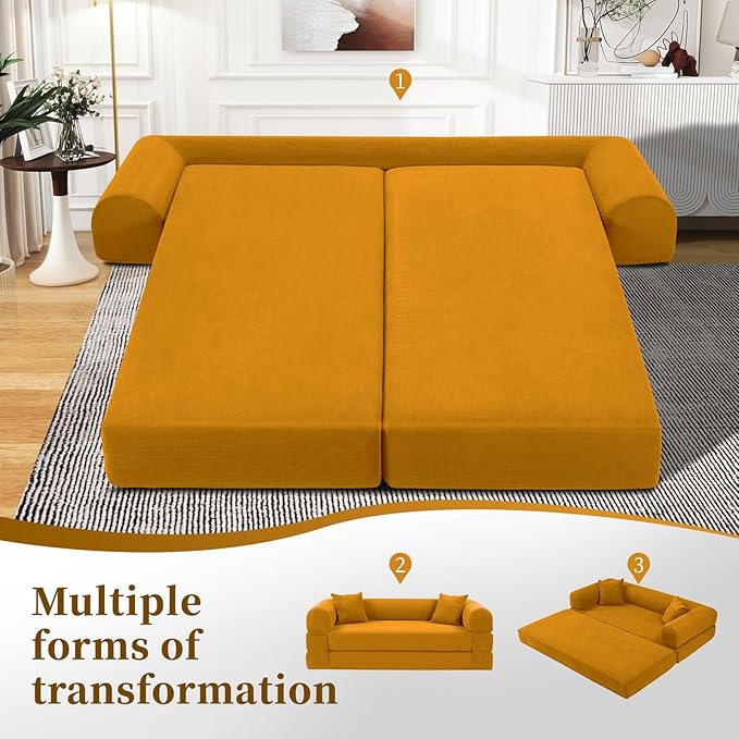 KBQ 3-Seat Convertible Sleeper Sofa Bed with 2 Pillows Corduroy Folding Mattress Couch Floor Sofa Lounge Couch for Living Room Bedroom Lounge Studio Yellow
