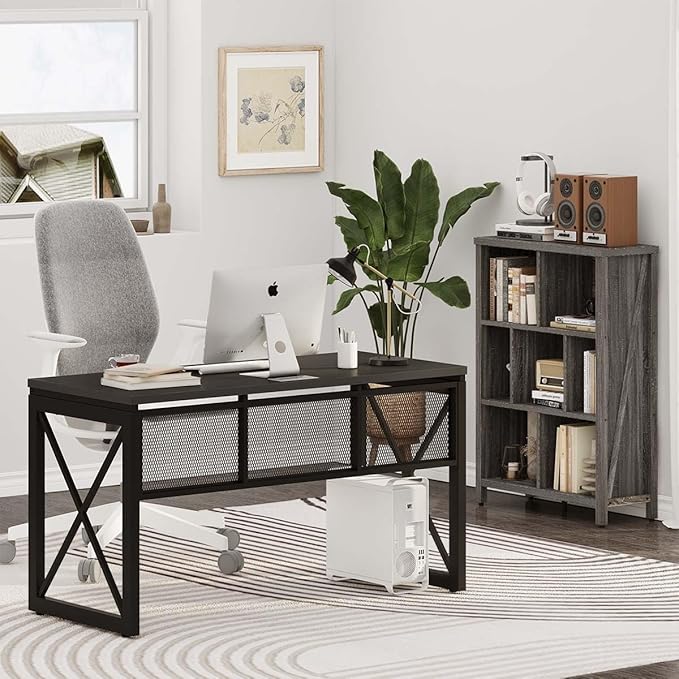 BON AUGURE Black Computer Desk Modern Gaming Desk Industrial Wood Office Desks Sturdy Writing Desks for Home Office Living Room Study Workstation Bedroom (Black 54 Inch)