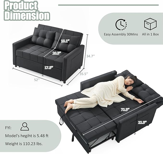 52 Sleeper Sofa with Pull-Out Bed 3-in-1 Convertible Sofa Bed Set of Loveseat with Stepless Adjustable Backrest and Side Pocket for Living Room Dorm Apartment Linen Black