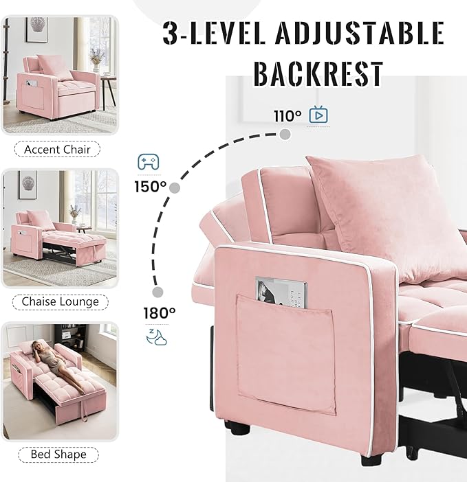 3 in 1 Velvet Sleeper Chair with Pull Out Bed Convertible Single Sofa Bed Futon Modern Tufted Chair with Adjustable Backrest Pullout Sleeper Sofa Chair for Bedroom Living Room Lounge (Pink)