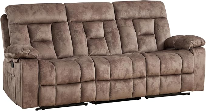 CANMOV 3 Seat Manual Recliner Sofa Modern Reclining Sofa with Overstuffed Armrest Hidden Cup Holders for Living Room Camel-Brown