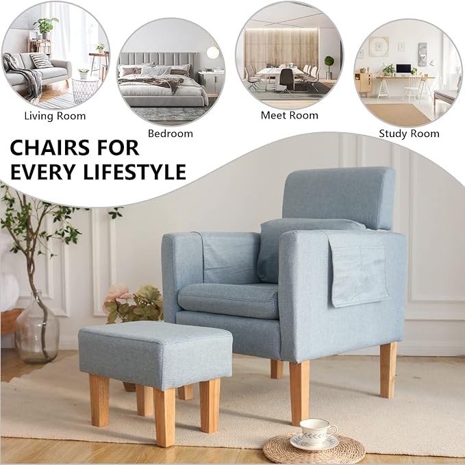 TAKUKA Modern Accent Chair with Ottoman SetComfy Fabric Armchair with Footrest Upholstered Chair with Side Pocket Soft Reading Lounge Chair for Living RoomBedroomOffice (Water Blue)