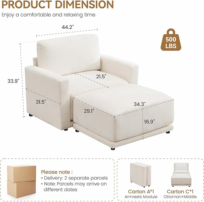 44.2 Oversized Sofa Chair with Ottoman Upholstered Accent Chair with Thick Cushions Single Sofa Lounge Chenille Comfy Reading Chair for Living Room Easy Assembly White